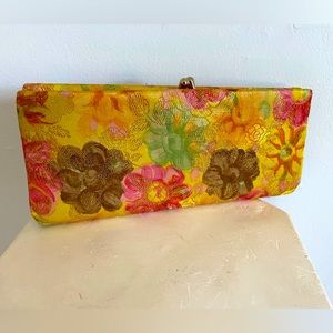 Sweet bright yellow clutch with pretty pink flowers and gold lobster clasp